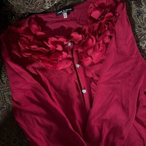 CABLE & GAUGE Red Blouse with Floral Accents